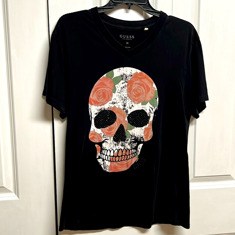 Guess Black Rose Skeleton Print Beaded V Neck Tee Shirt Size M